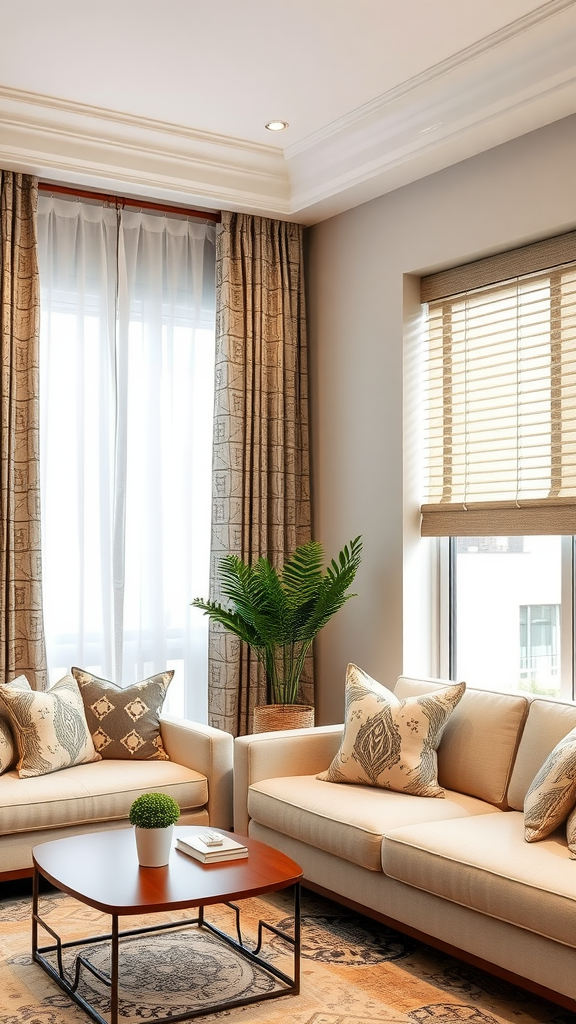 Stylish living room with layered window treatments, featuring sheer curtains and patterned drapes.