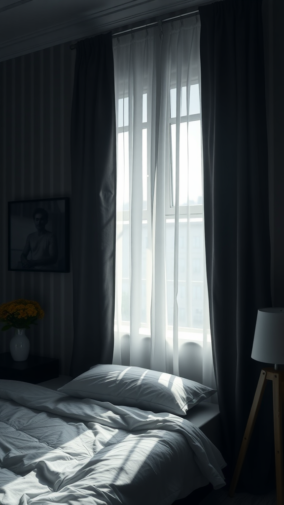 A moody bedroom with layered window treatments, featuring sheer and dark curtains that create a cozy atmosphere.