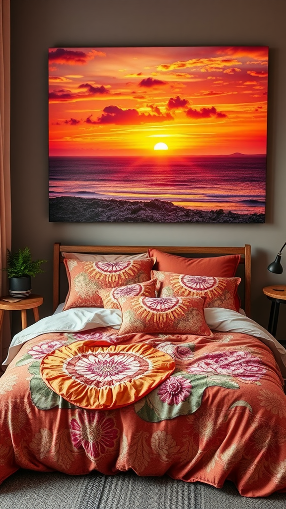 A cozy bedroom with a sunset painting, featuring floral bedding in warm colors.