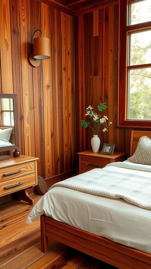 A cozy cherry wood bedroom with wooden walls, furniture, and soft textiles.
