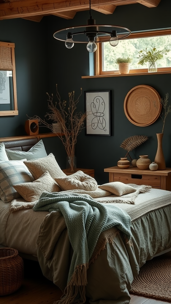 A cozy dark cottagecore bedroom featuring layered bedding, wooden accents, and natural decorations.
