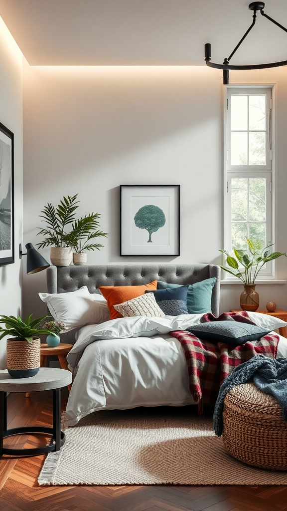 A stylishly decorated bedroom featuring plants, colorful cushions, and natural materials, highlighting sustainable decor choices.