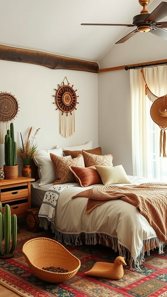 A cozy western boho bedroom featuring natural elements, warm tones, and sustainable decor.