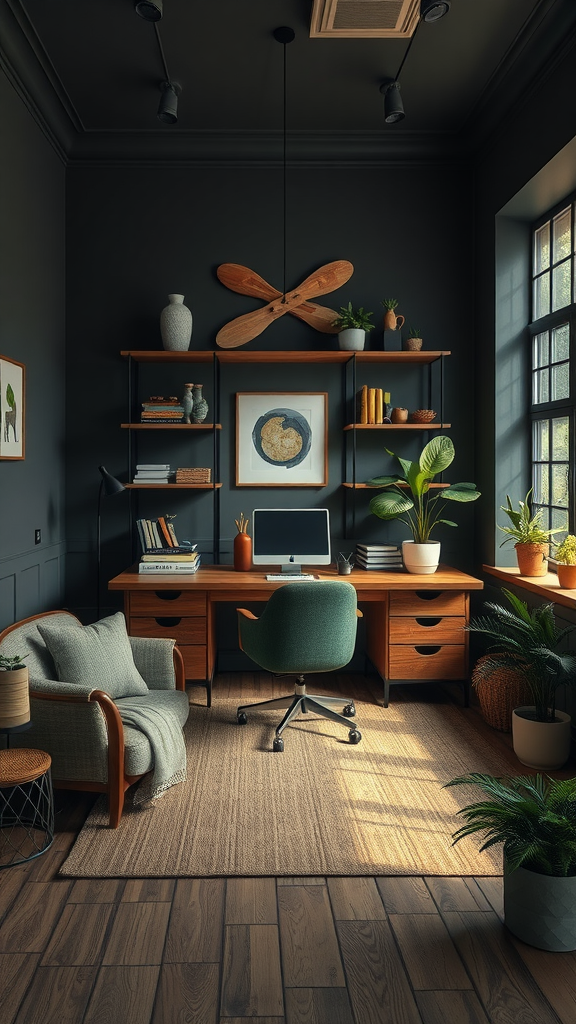 Cozy office space with dark walls, wooden furniture, and green plants.