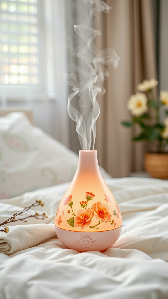 A floral fragrance diffuser releasing steam in a cozy bedroom setting.