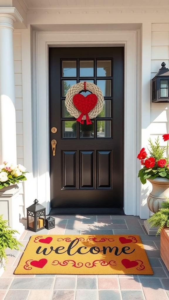 A welcoming porch with a sweetheart-themed mat and a heart-shaped wreath.
