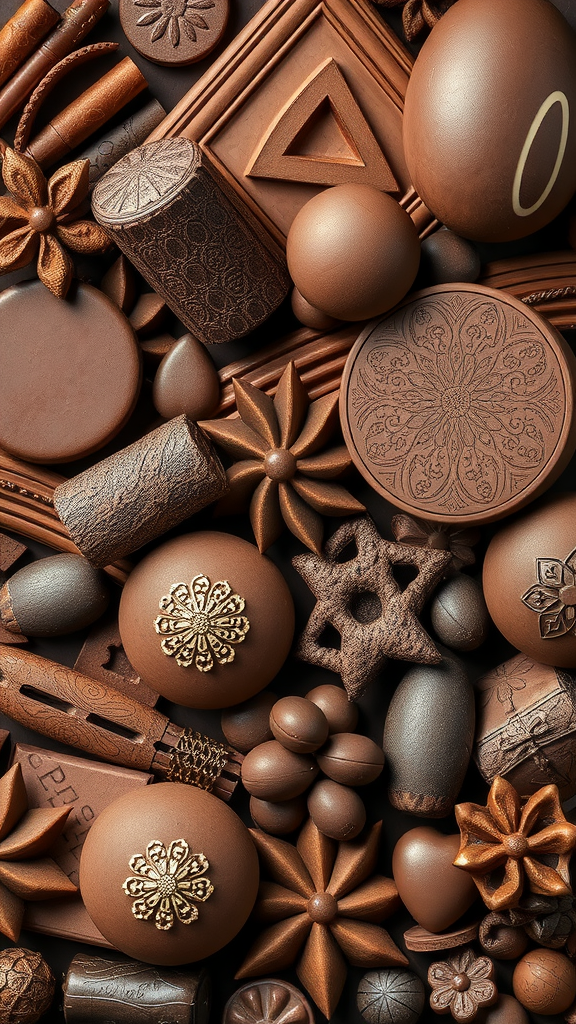 A collection of chocolate-themed decorative elements showcasing various textures and shapes.