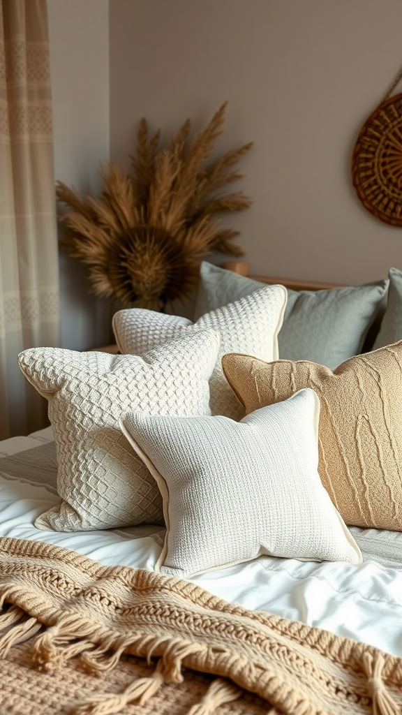 A cozy western boho bedroom featuring various textured pillows in soft colors and patterns.