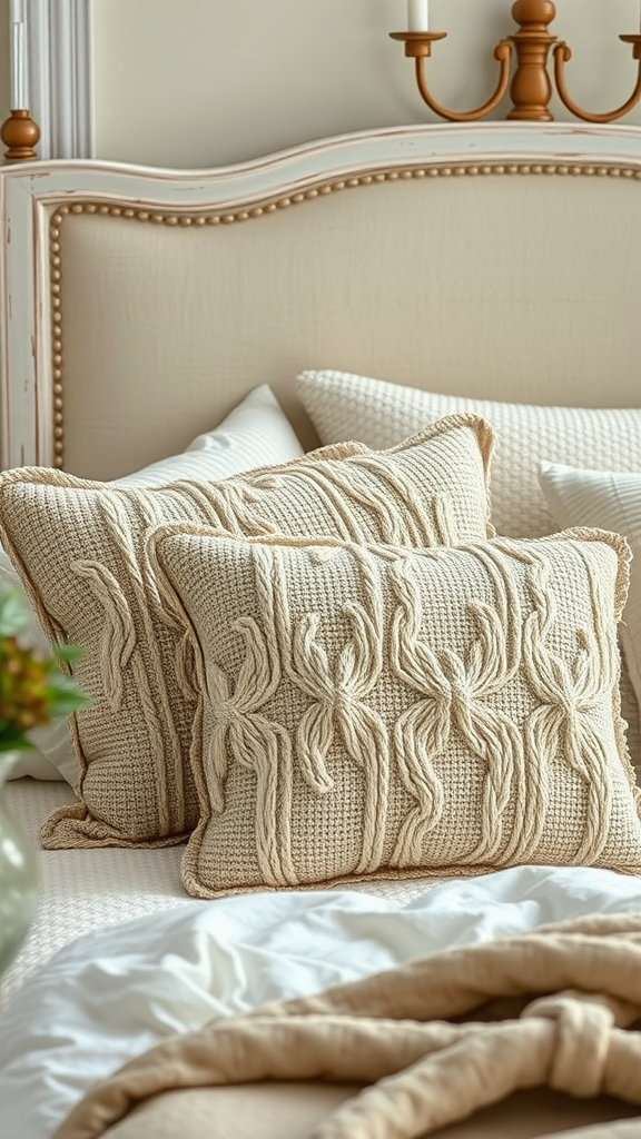 Textured throw pillows on a neatly made bed