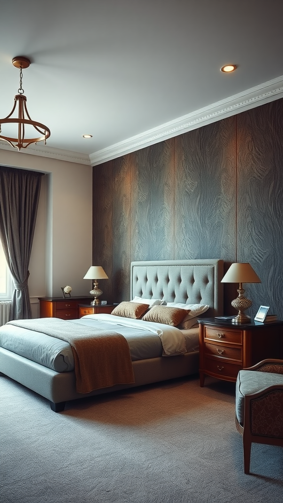 A stylish bedroom with a textured wall, featuring elegant furnishings and soft bedding