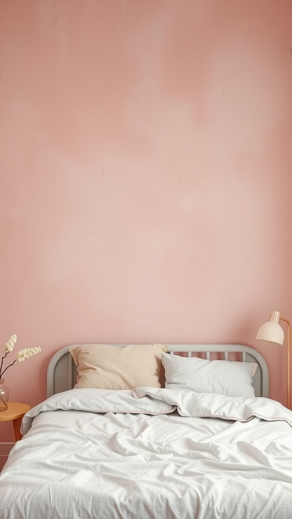 A cozy bedroom featuring textured dusty pink walls, a neatly made bed with soft pillows, and a cute bedside table.