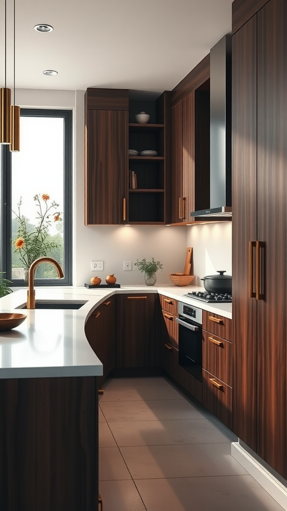 A modern kitchen featuring dark wood cabinetry, light countertops, and stylish kitchen handles.