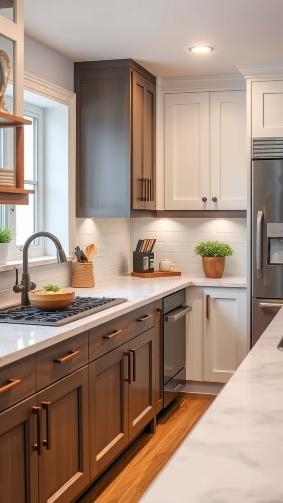 A modern kitchen featuring dark wood handles on cabinets, contrasting with white cabinets and a marble countertop.