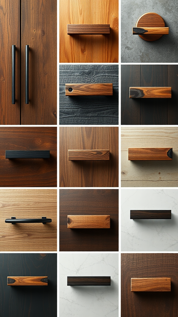 A variety of dark wood kitchen handles in different styles and finishes displayed.