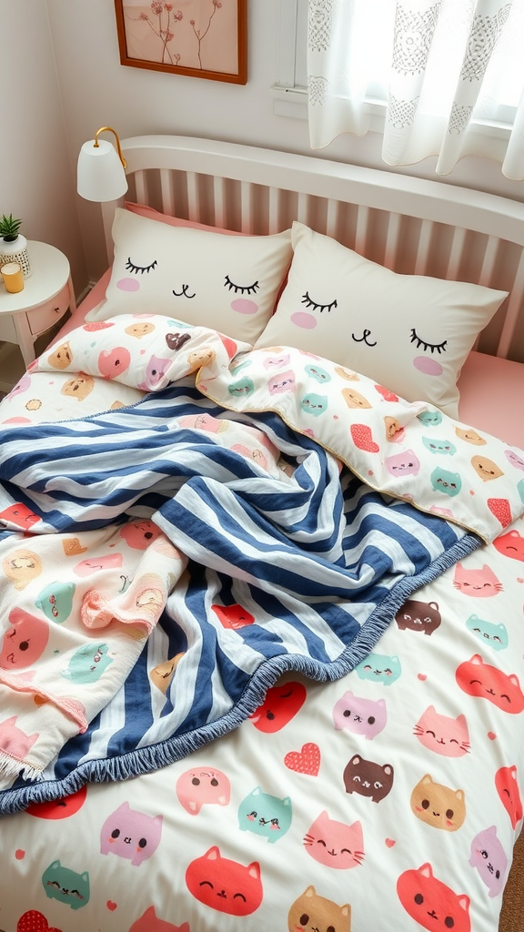 A cozy kawaiicore bedroom featuring cute cat-themed bedding and decorative pillows.