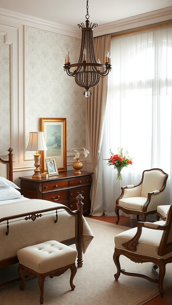 A classy bedroom with elegant wooden furniture, a chandelier, and floral decor.