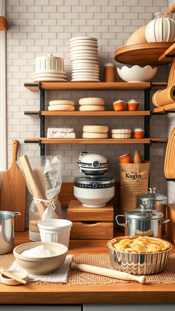 A cozy traditional baking area with wooden shelves, baking tools, and freshly baked goods.