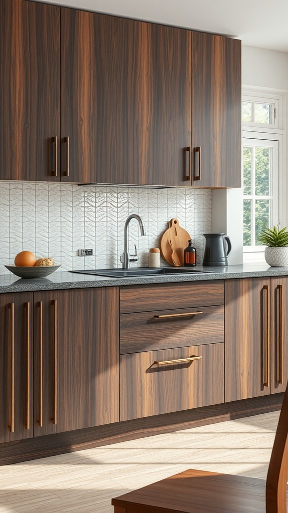 Modern kitchen with dark wood cabinets and trendy handles