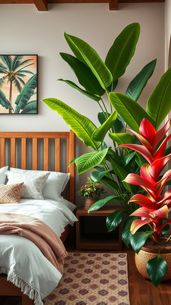 Cozy bedroom featuring tropical plants and coastal decor