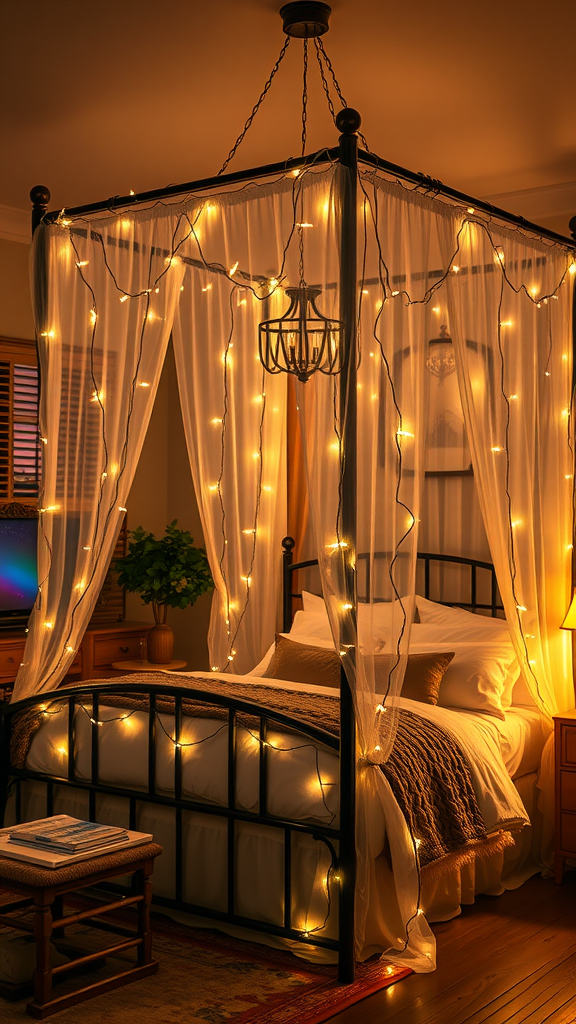 Cozy bedroom with twinkling fairy lights draped over a four-poster bed.