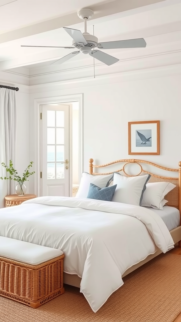 A serene coastal bedroom with white bedding, rattan furniture, and large windows