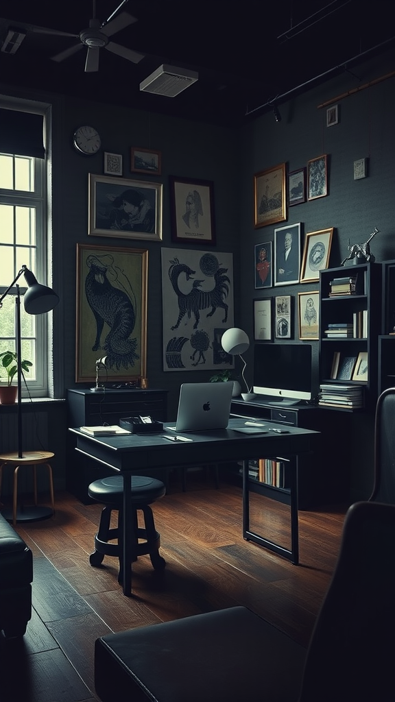 A stylish office space featuring a black desk, unique stool, and an array of framed artwork on the walls.