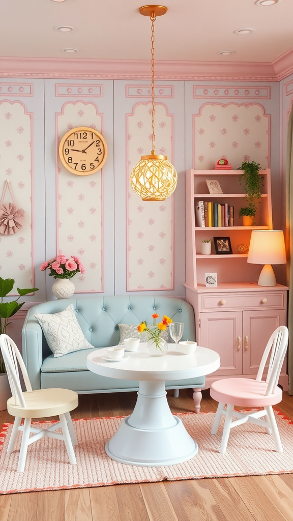 A cozy interior featuring a light blue couch, colorful chairs, and a round table, set in a pastel-themed room.
