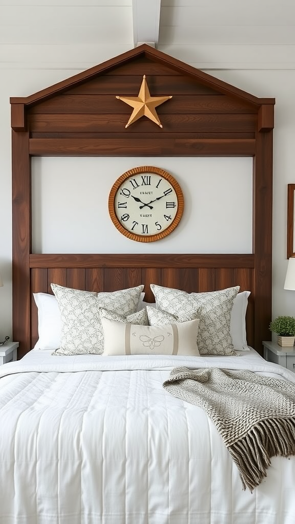 A unique dark wood headboard shaped like a gable with a star above it, complemented by a round clock and white bedding.