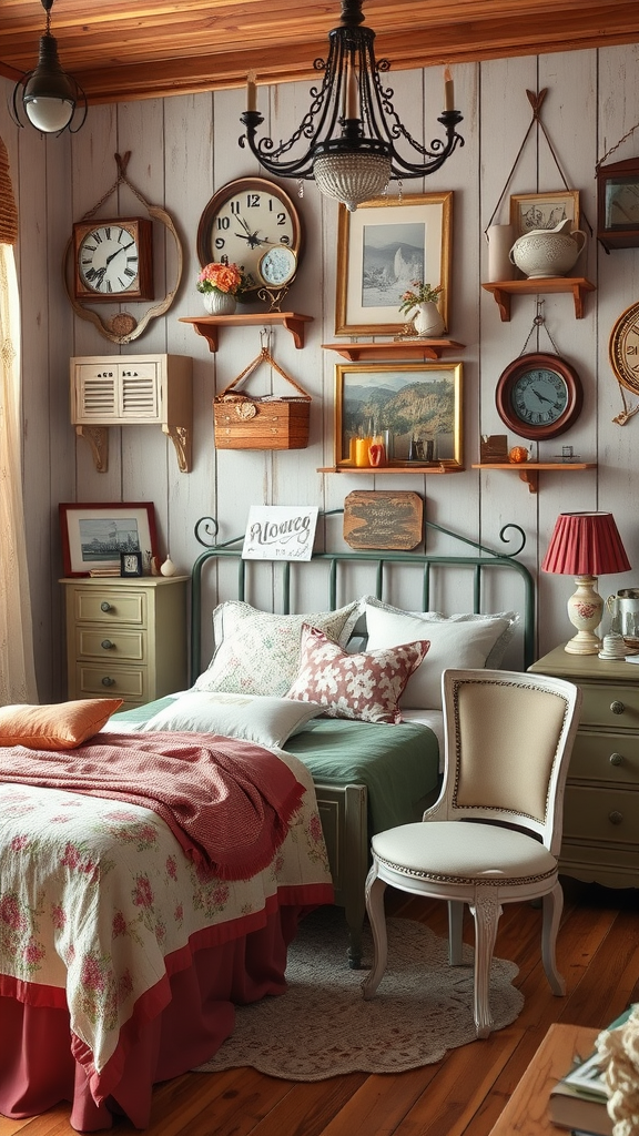 A cozy vintage-inspired bedroom with a floral quilt, various clocks on the wall, and a chandelier. Shabby Chic Bedroom Ideas