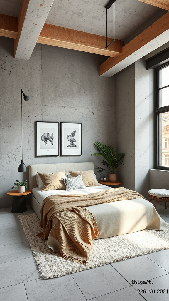 A stylish beige bedroom featuring concrete walls, wooden beams, and cozy decor.