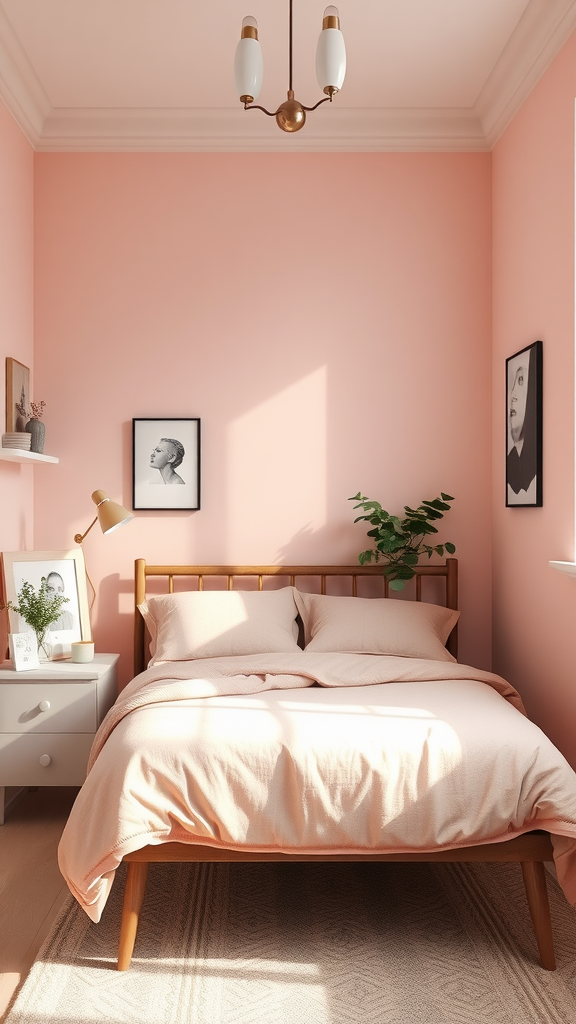 A small bedroom with dusty pink walls, wooden furniture, and framed art.