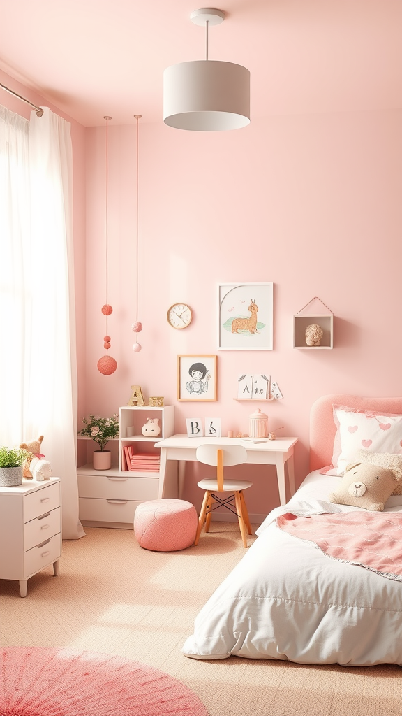 A cozy kids' bedroom featuring dusty pink walls, white furniture, and playful decor.