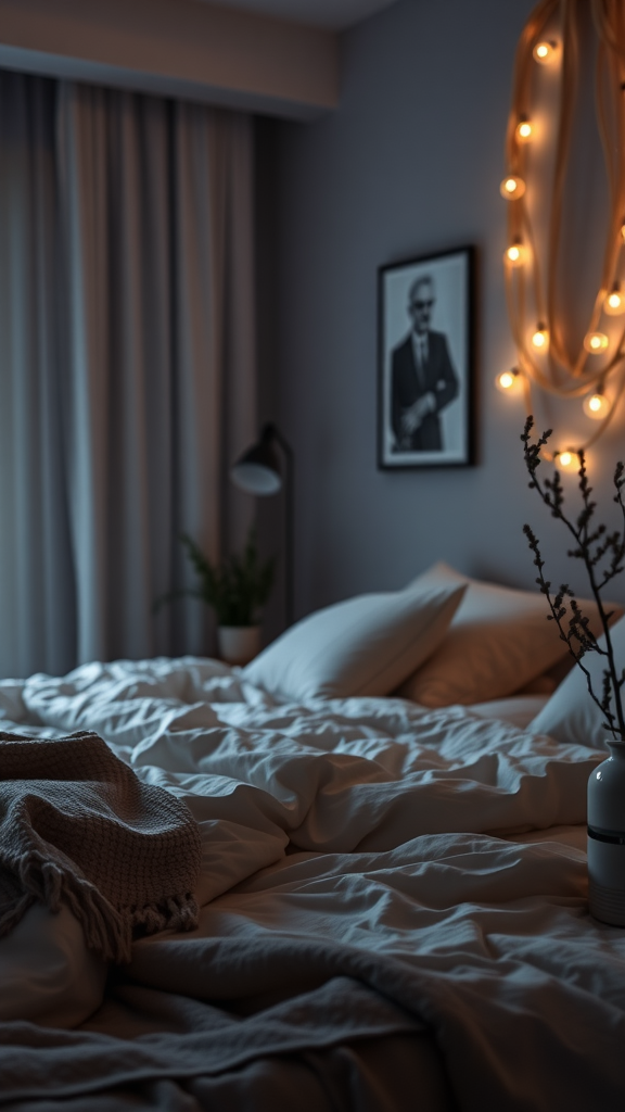 A cozy and moody bedroom featuring soft lighting, an unmade bed, and a plant in the corner.