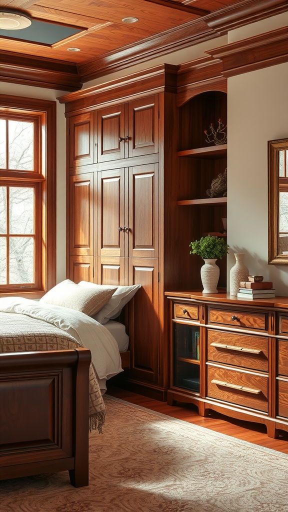 Cozy cherry wood bedroom featuring built-in furniture and warm tones.