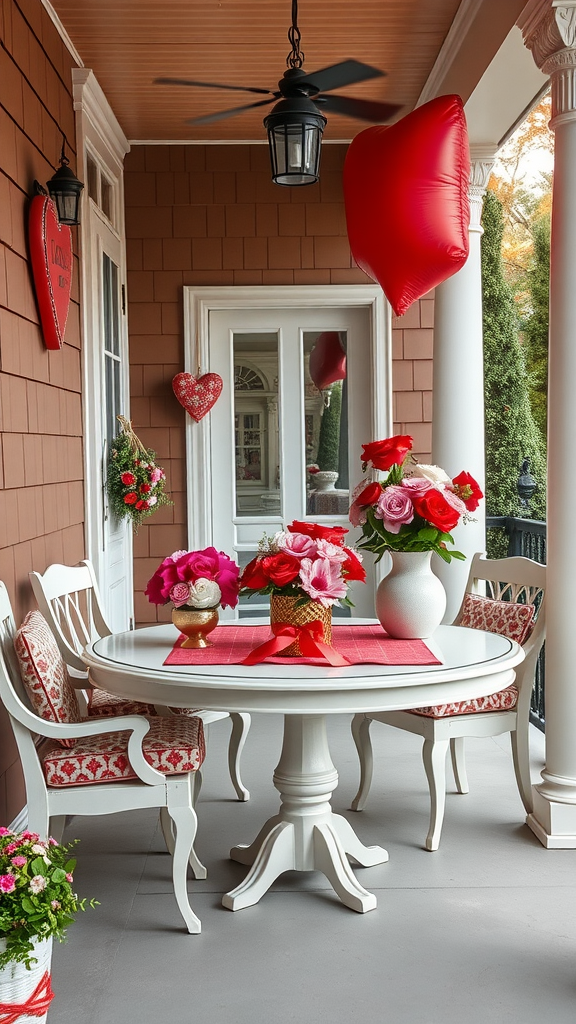 Outdoor table decorated for Valentine's Day with flowers and red accents. valentine porch decorating ideas