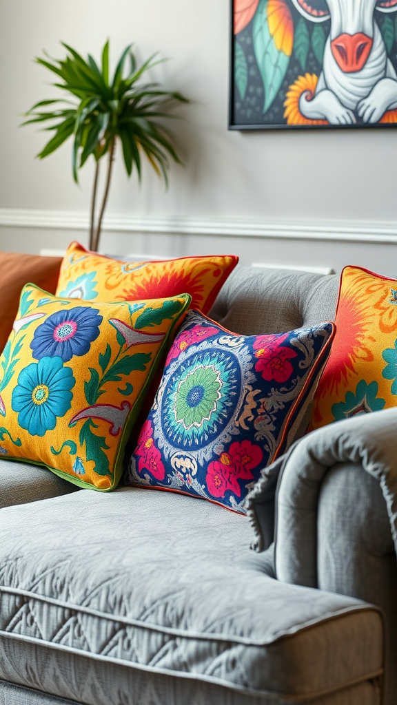 A cozy gray sofa with vibrant, patterned throw pillows in a cutecore living room setting.
