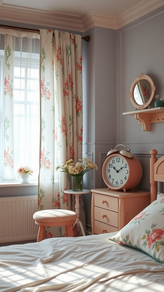 A cozy vintage-inspired bedroom with floral curtains, a retro clock, and wooden furniture.
