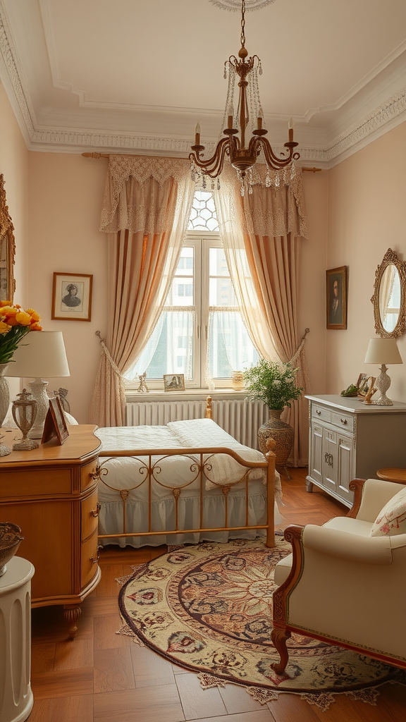 A vintage beige bedroom featuring soft beige walls, a vintage iron bed, lace curtains, and elegant decor.