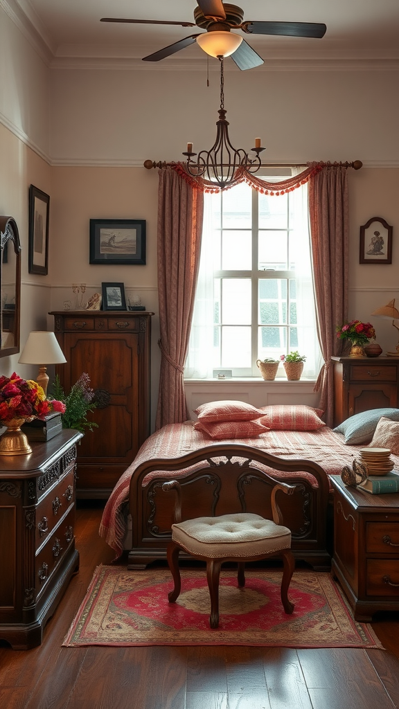 Cozy vintage brown bedroom with wooden furniture and warm lighting