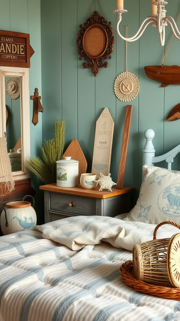 Cozy coastal bedroom with vintage decor and nautical elements.