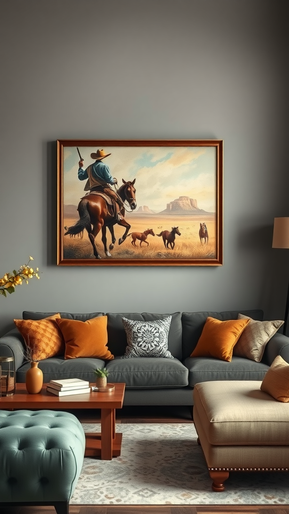 A vintage cowboy art piece featuring a cowboy on horseback in a golden landscape, hanging above a cozy sofa.