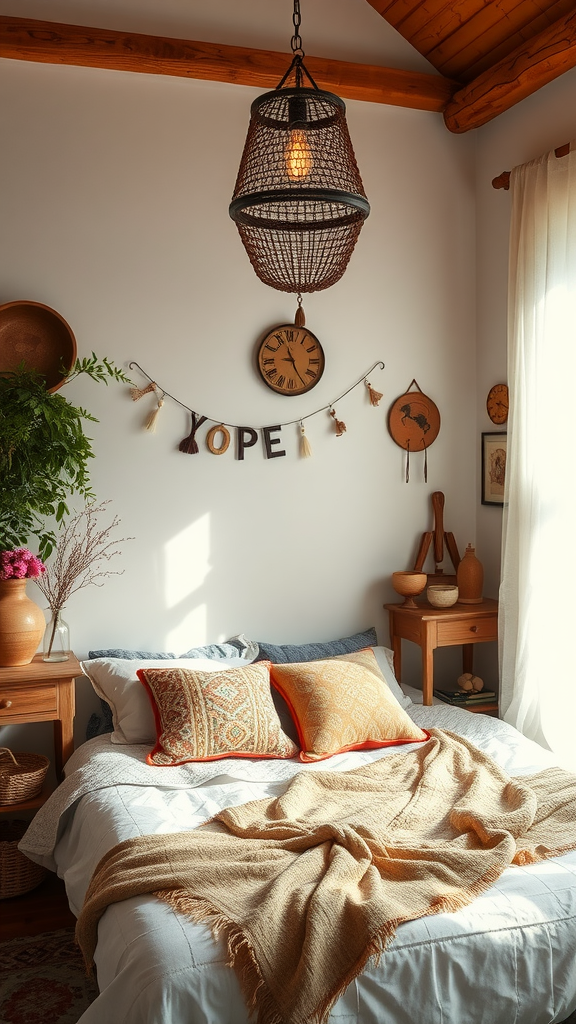Cozy western boho bedroom with vintage decor and warm lighting