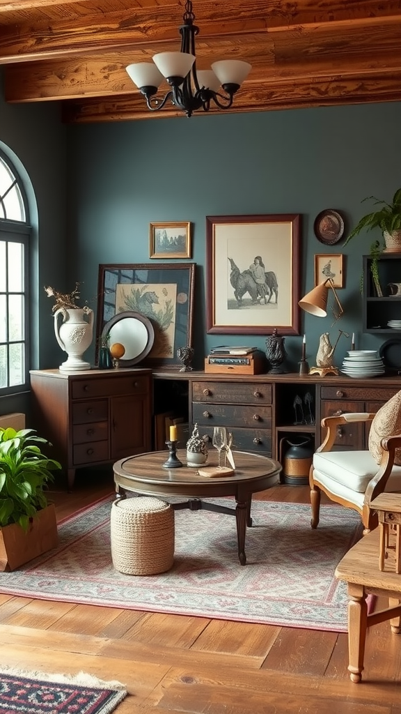 Cozy vintage living room with deep blue walls, antique furniture, and decorative items.