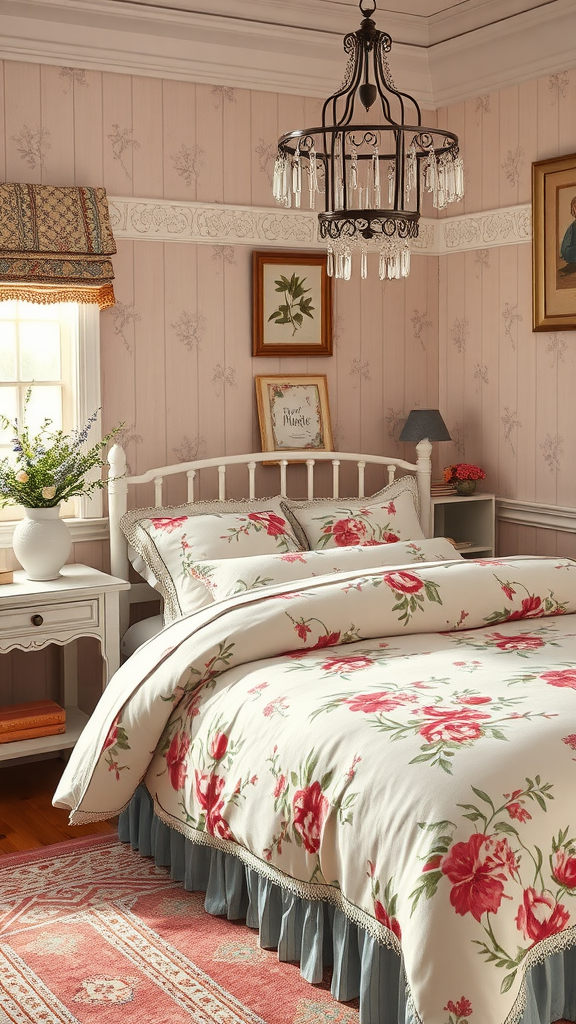 A vintage floral bedding set with roses on a soft background, complemented by a chandelier and soft furnishings in a cozy bedroom.