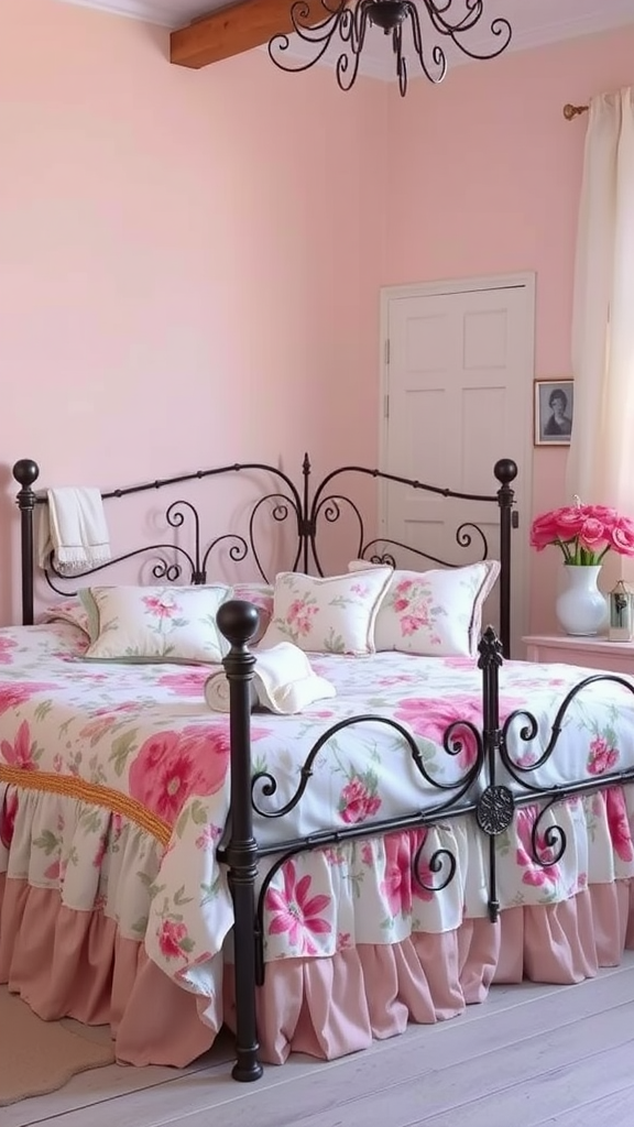 A vintage floral bedding set with pink and white flowers on a bed with a black iron frame in a softly lit room.