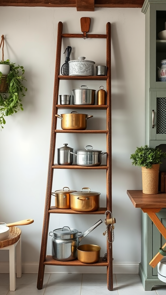 A vintage wooden ladder shelf displaying various pots and kitchen utensils in a cozy kitchen setting