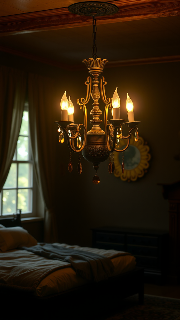 A vintage chandelier with warm lights hanging in a dark cottagecore bedroom.