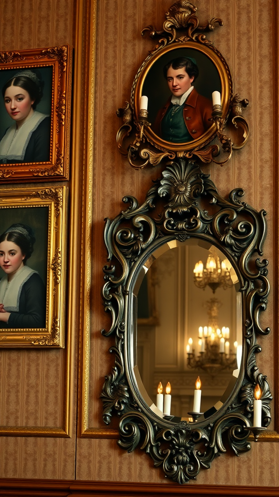 Vintage portraits framed in ornate gold settings with a decorative mirror in a cozy setting.