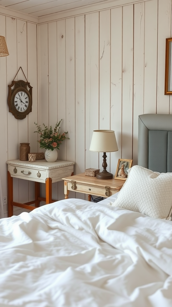 A cozy bedroom featuring a vintage suitcase as a nightstand with soft bedding.
