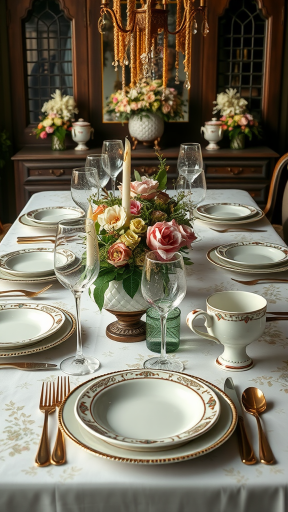 A vintage table setting featuring fine china, elegant glassware, and a floral centerpiece.